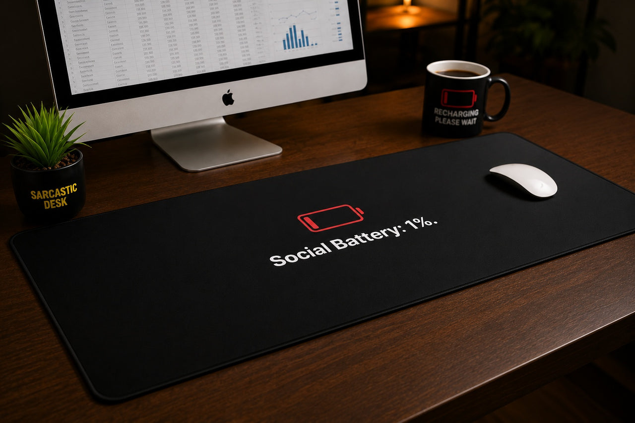 
Social Battery 1% Desk Mat